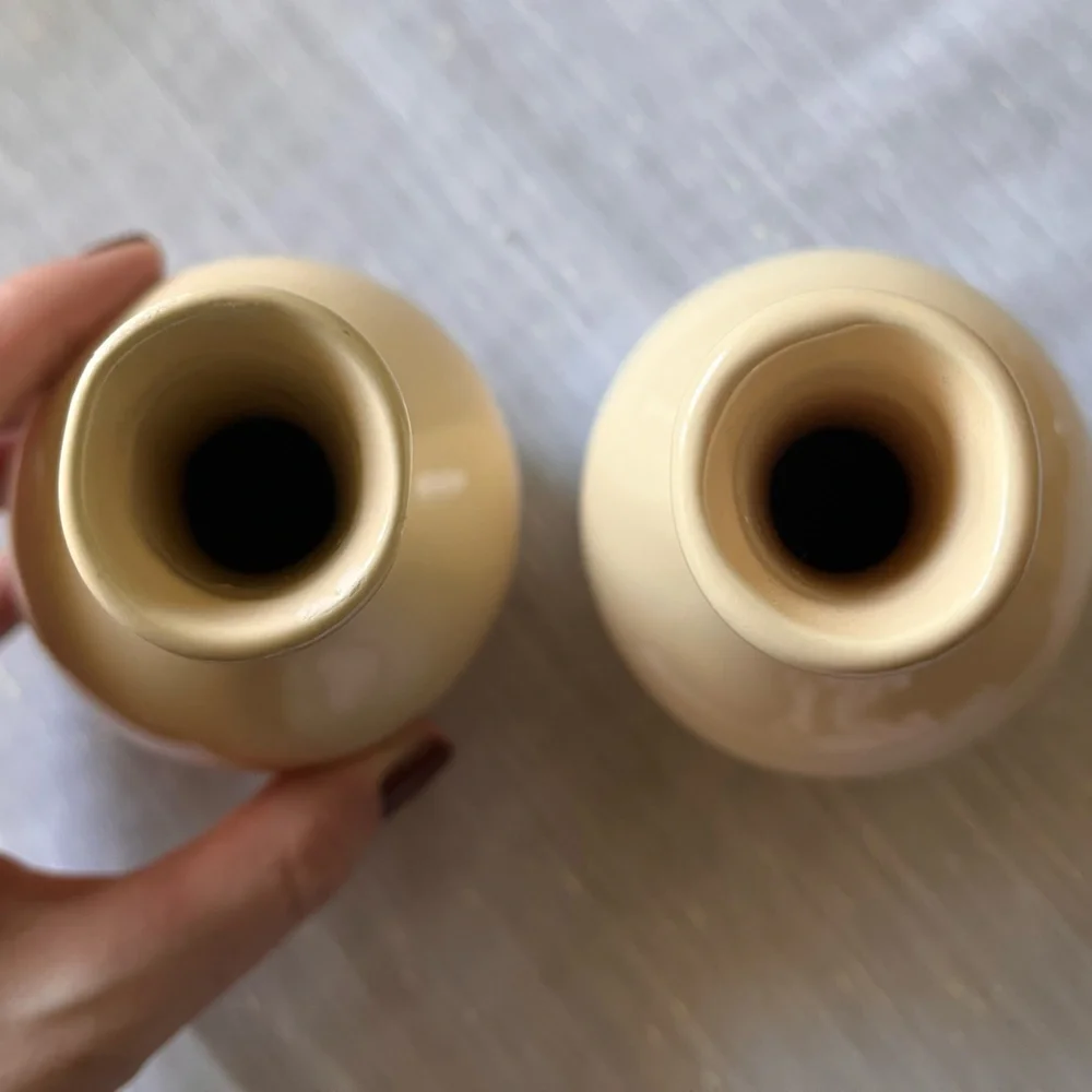 Vintage Beige Cream Ceramic Vases Set of 2 Matching Bud Vases Mod MCM Retro